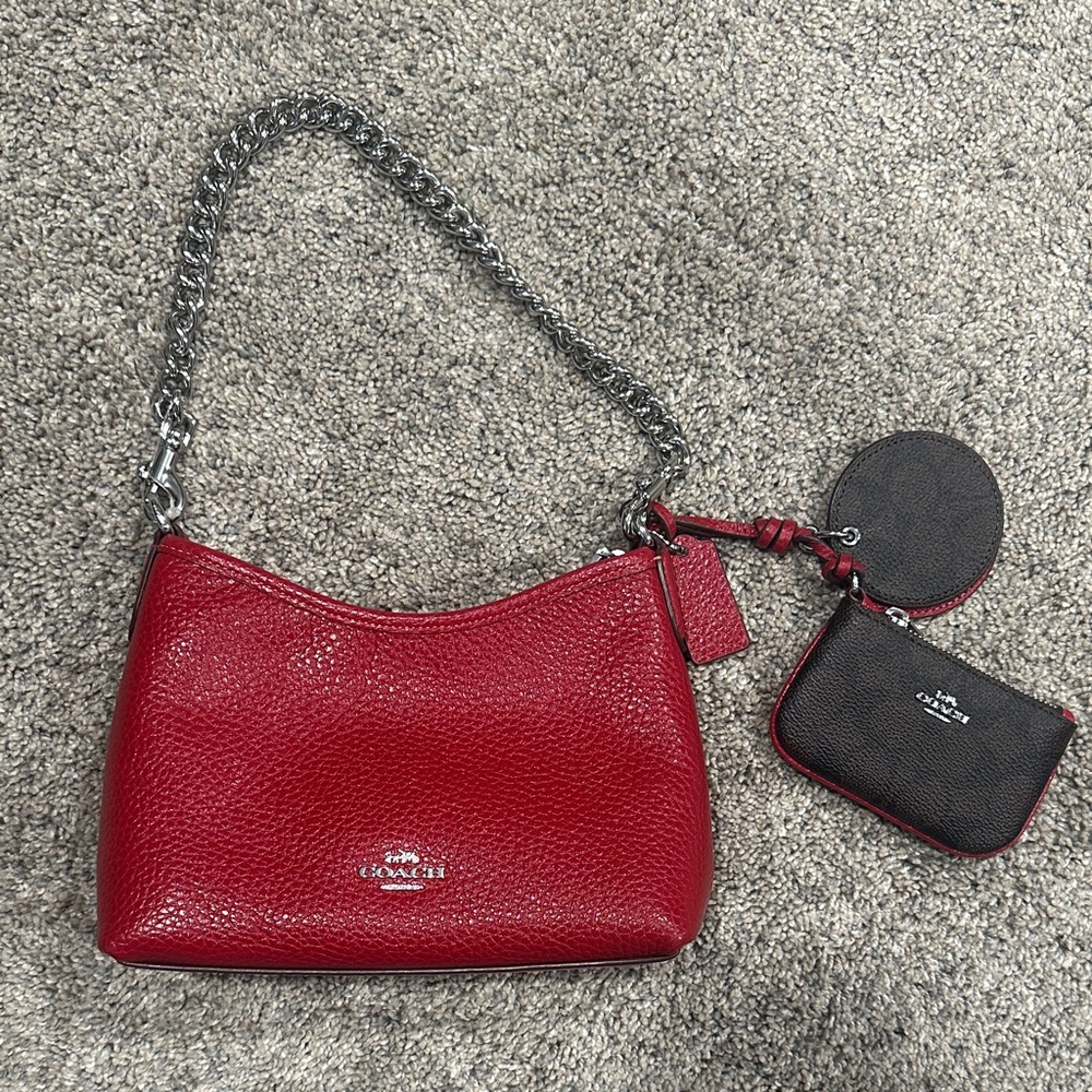 Coach Cherry Red Leather Shoulder Bag with Chain Strap